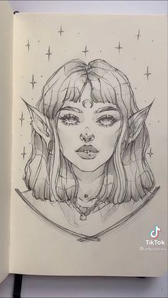 a pencil drawing of a girl with long hair and horns on her head, in front of stars