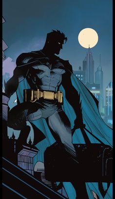 a batman standing on top of a roof in front of a cityscape at night