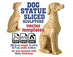 two wooden dog sculptures sitting next to each other on top of a white background with text