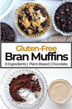 the cover of gluten - free bran muffins recipe is shown in three different images