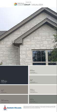 the front and side of a house with gray paint samples on it's exterior