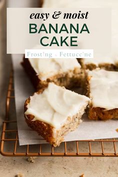 banana cake on a cooling rack with frosting