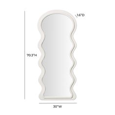 an image of a mirror with measurements for the size and shape in white, on a white background