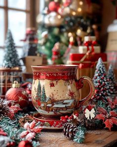 a coffee cup sitting on top of a wooden table next to christmas decorations and trees