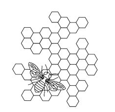 a black and white drawing of a bee on a honeycomb with hexagons in the background