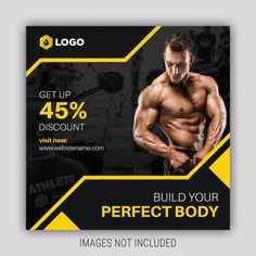 a flyer for a bodybuilding gym with an image of a man in the background