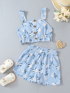 Blue and White Boho  Sleeveless  Floral,Striped  Embellished Non-Stretch Summer Toddler Girls Clothing Cute Girl Outfits Kids, Kids Outfits Summer, Baby Style Dress, Kids Summer Outfits, Kids Summer Clothes, Comfy Fall Outfits, Summer Outfits Kids, Cute Dress Outfits, Girls Stripes