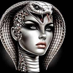 a woman's face is covered in snake skin and has an elaborate headdress