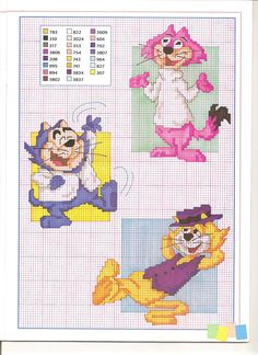 the cross stitch pattern shows three cartoon characters