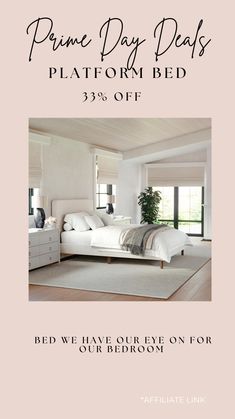 an advertisement for a bed that is in the middle of a room with white furniture