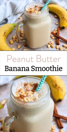 two pictures of peanut butter banana smoothie in mason jars