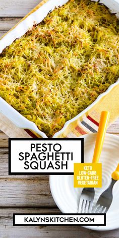 Pesto Spaghetti Squash shown in baking dish with plates, forks. Kaylyns Kitchen, Pesto Spaghetti Squash, Pesto Spaghetti, Broccoli Pesto, Meatless Meal, Baked Spaghetti Squash, Spaghetti Squash Recipes, Twice Baked, Baked Spaghetti