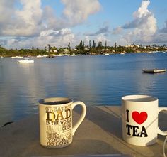 two coffee mugs sitting next to each other on a table near the water with boats in the background