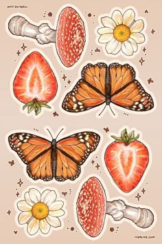 butterflies and strawberries stickers on a pink background