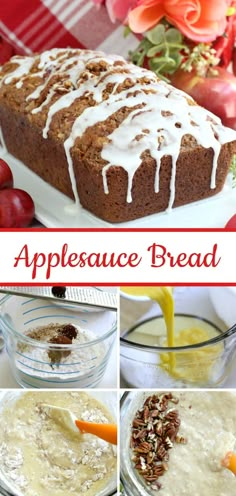 applesauce bread with white icing on top and in the middle, surrounded by other pictures