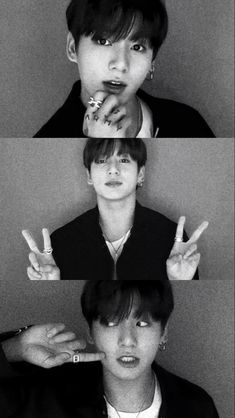 four different pictures of the same person making peace signs