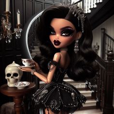 a doll is holding a tea cup and saucer in front of a stair case