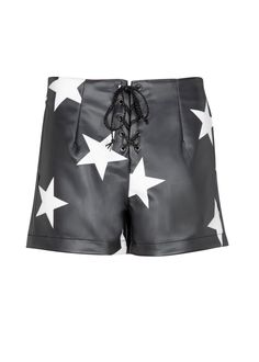 Add some edge to your look with these high waisted faux leather shorts! Never be the bore in these shorts made from soft faux black leather and embellished with a white star design. The high rise and lace up front details give the short an elevated finish and a classic leg-lengthening silhouette. Available in sizes S, M and L. Made out of 65% polyester and 35% polyurethane. Elevate your look in these faux leather shorts creating an oh-so-fab feel to your wardrobe. Star Print Pants, Faux Leather Shorts, Velvet Flares, Bell Bottom Pants, Print Pants, White Star, Star Design, Leather Shorts, Printed Rompers