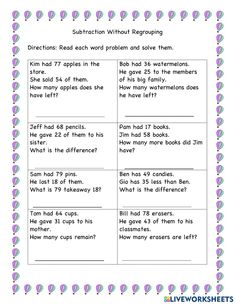 worksheet for subtraction without regrouping with pictures and words on it