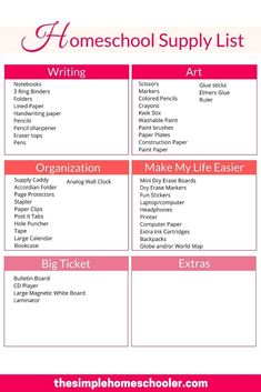 the homeschool supply list is shown in pink and white with text that reads, home school supply list