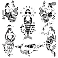 the four mermaids are depicted in black and white, with different designs on them