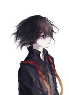 an anime character with long black hair and red eyes