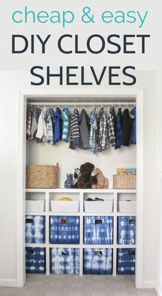 an organized closet with clothes hanging on the wall and baskets in front of it that says diy closet organization