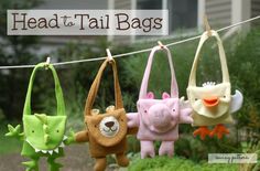 several stuffed animals hanging on a clothes line with the words head to tail bags above them