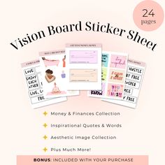 the vision board sticker sheet is shown in pink and white, with four different images