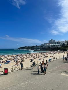 many people are on the beach and in the water