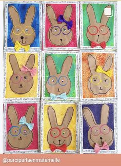 an art project made out of paper with rabbits wearing glasses and bow ties