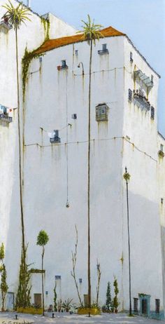 a painting of a white building with palm trees