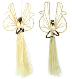 two angel ornaments hanging from strings on a white background, one with long blonde hair and the other with dark brown eyes