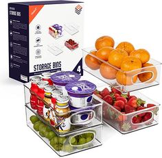 three plastic containers filled with different types of fruits and vegetables next to an open box of yogurt