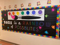 a bulletin board that has been decorated with colorful paint and the words, 2011 is a rainbow of possibilities