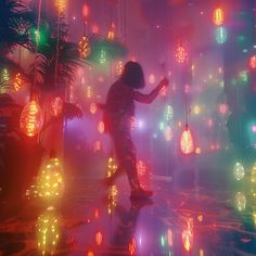 a person standing in the middle of a room filled with colorful lights and hanging decorations