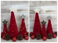 three red christmas trees with pine cones on them