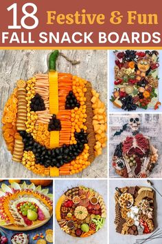 an assortment of fall snack boards with pumpkin faces