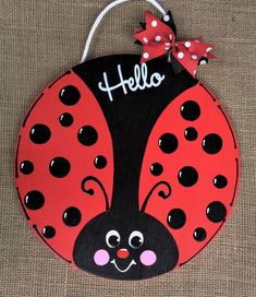 HELLO LADYBUG Welcome CIRCLE SIGN Wall Art Door Plaque Family Wood Decor Wreath Hello Ladybug, Art Door, Painted Wall Art, Tiki Bars, Ladybug Crafts, Wooden Door Hanger, Door Plaque, Door Signs Diy, Wood Wreath