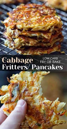 crab cakes are stacked on top of each other with the words low carb fritters / pancakes