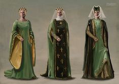 three women dressed in green and gold are standing next to each other with crowns on their heads