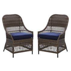 two wicker chairs with blue cushions