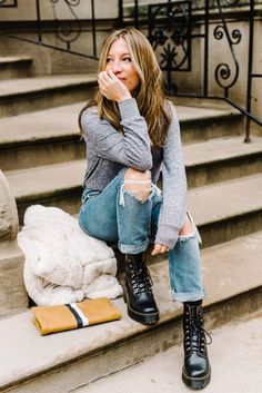 Current Go-To Outfit: Cute Jeans, Fuzzy Coat & Combat Boots - The Mom Edit Dress And Combat Boots Outfit, Styling Combat Boots, Docs Platform, Combat Boot Outfit, Martens Outfit, Mom Edit, Doc Martens Outfit, Outfit 2023, Fuzzy Coat