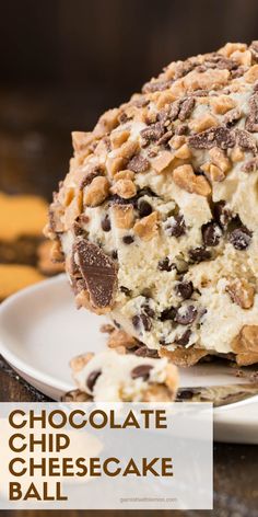 chocolate chip cheesecake ball on a white plate