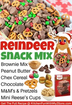 the reindeer snack mix recipe is shown with its ingredients