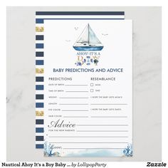 a blue and white striped baby shower card with a sailboat on the water in it