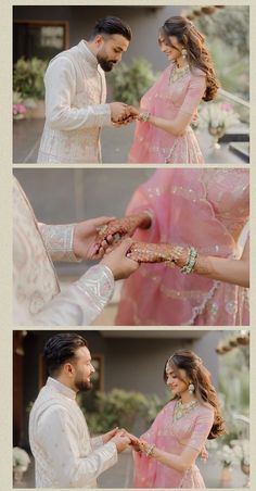 the bride and groom are exchanging their wedding rings