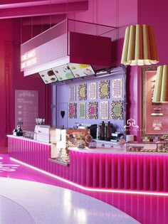 the interior of a fast food restaurant with pink lighting