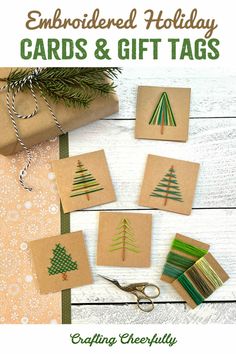 christmas cards and gift tags made from crafting paper with the words embroidered holiday cards and gifts on them