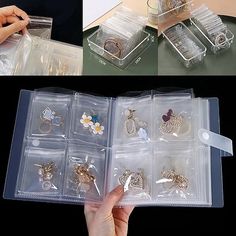 several pictures of jewelry in clear plastic cases on a table with scissors and other items